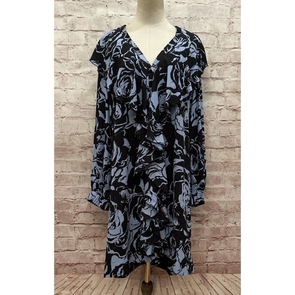 Chico's Black Label Ruffle Shift Dress Blue Black Floral Print Size L $188 NEW